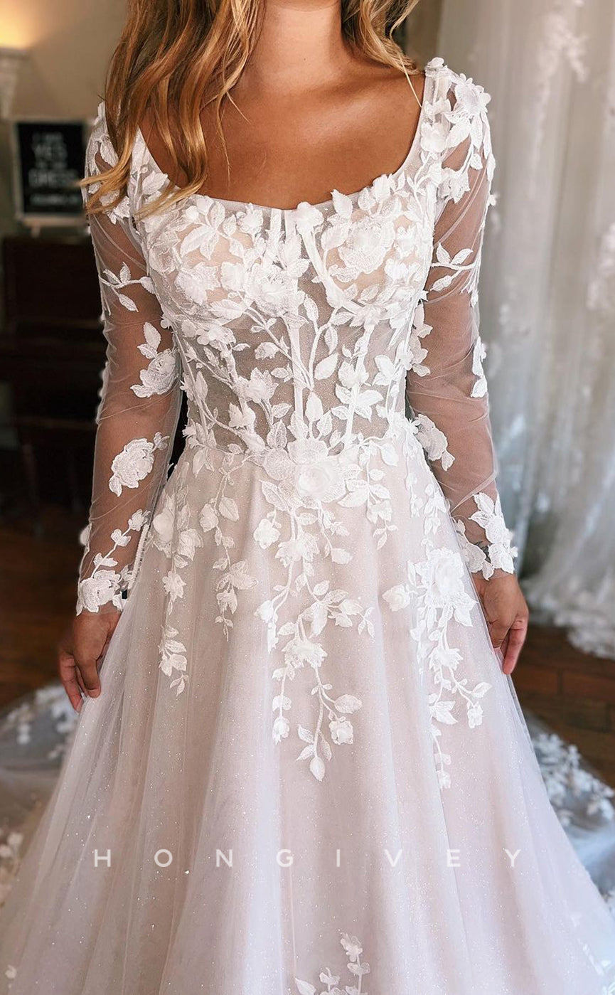 H1329 - Sexy Glitter Tulle A-Line Square Lace Long  Sleeves Illusion Empire Appliques With Train Wedding Dress