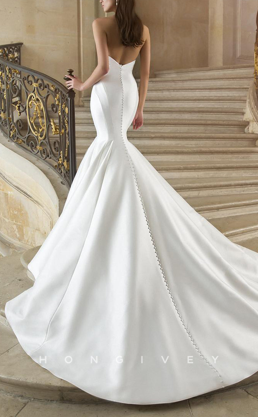 H1332 - Sexy Satin Trumpt V-Neck Strapless Empire Ruched With Train Wedding Dress