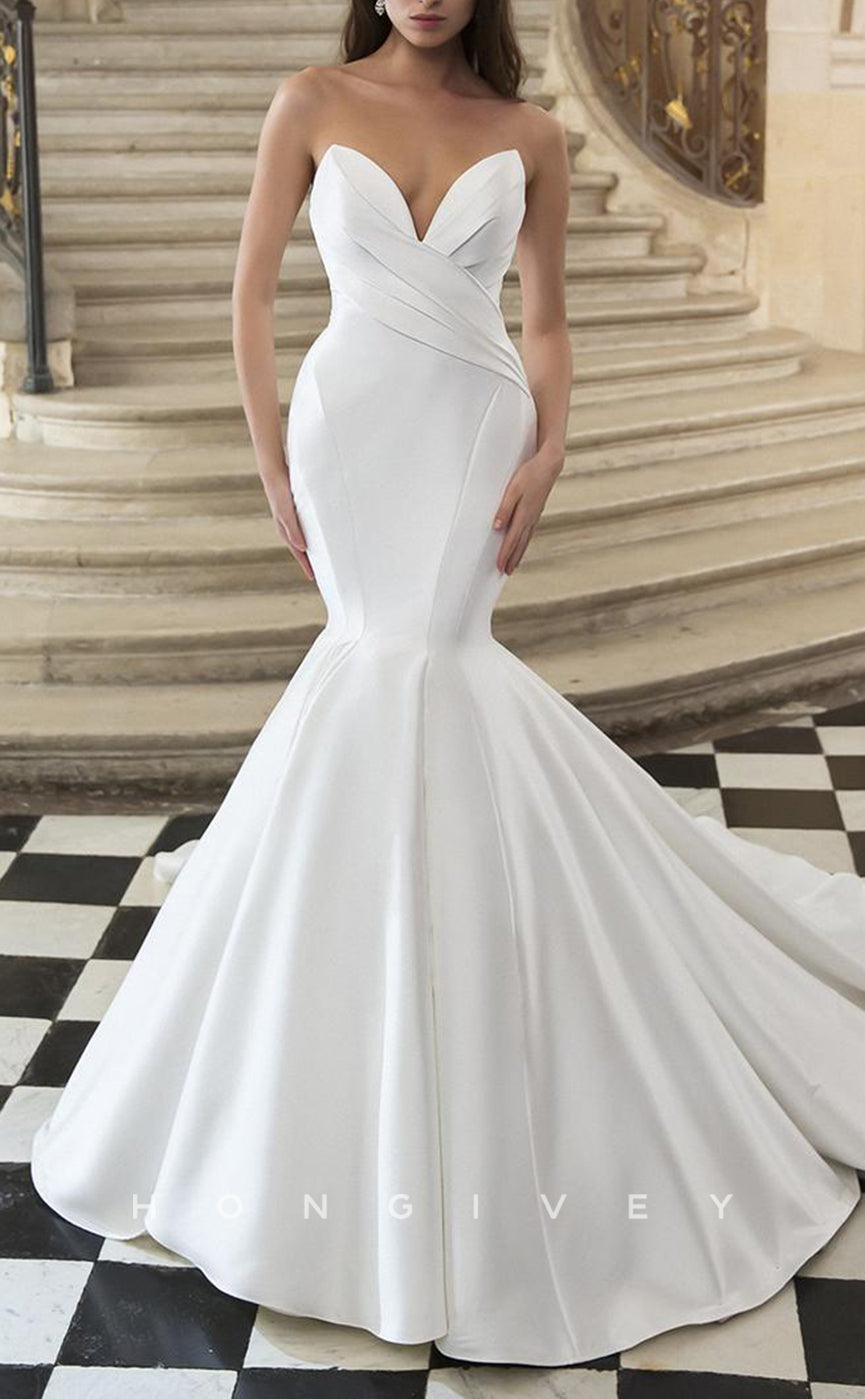 H1332 - Sexy Satin Trumpt V-Neck Strapless Empire Ruched With Train Wedding Dress