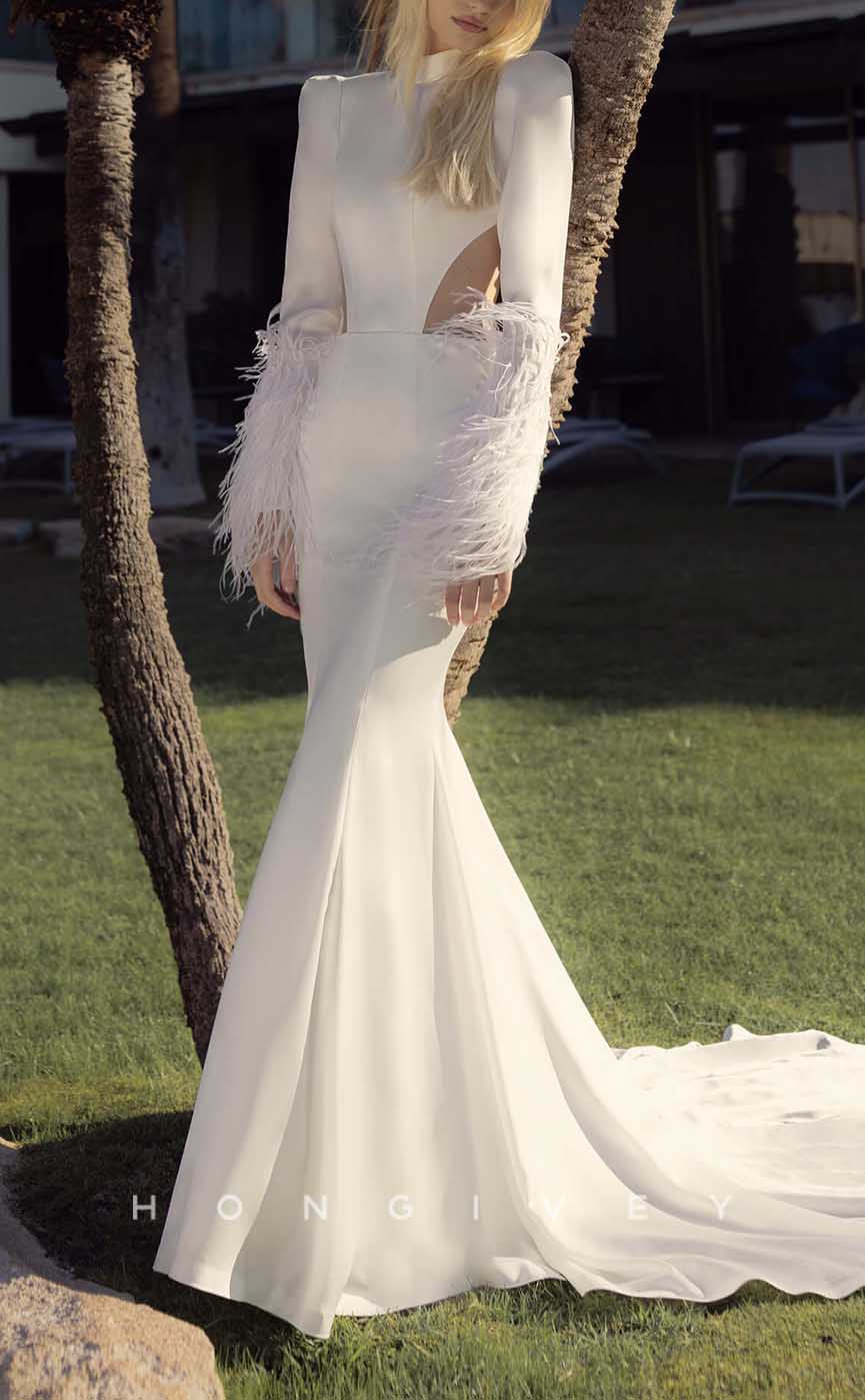 H1337 - Sexy Satin Trumpt High Neck Long Sleeves Empire Backless Feathers With Train Wedding Dress