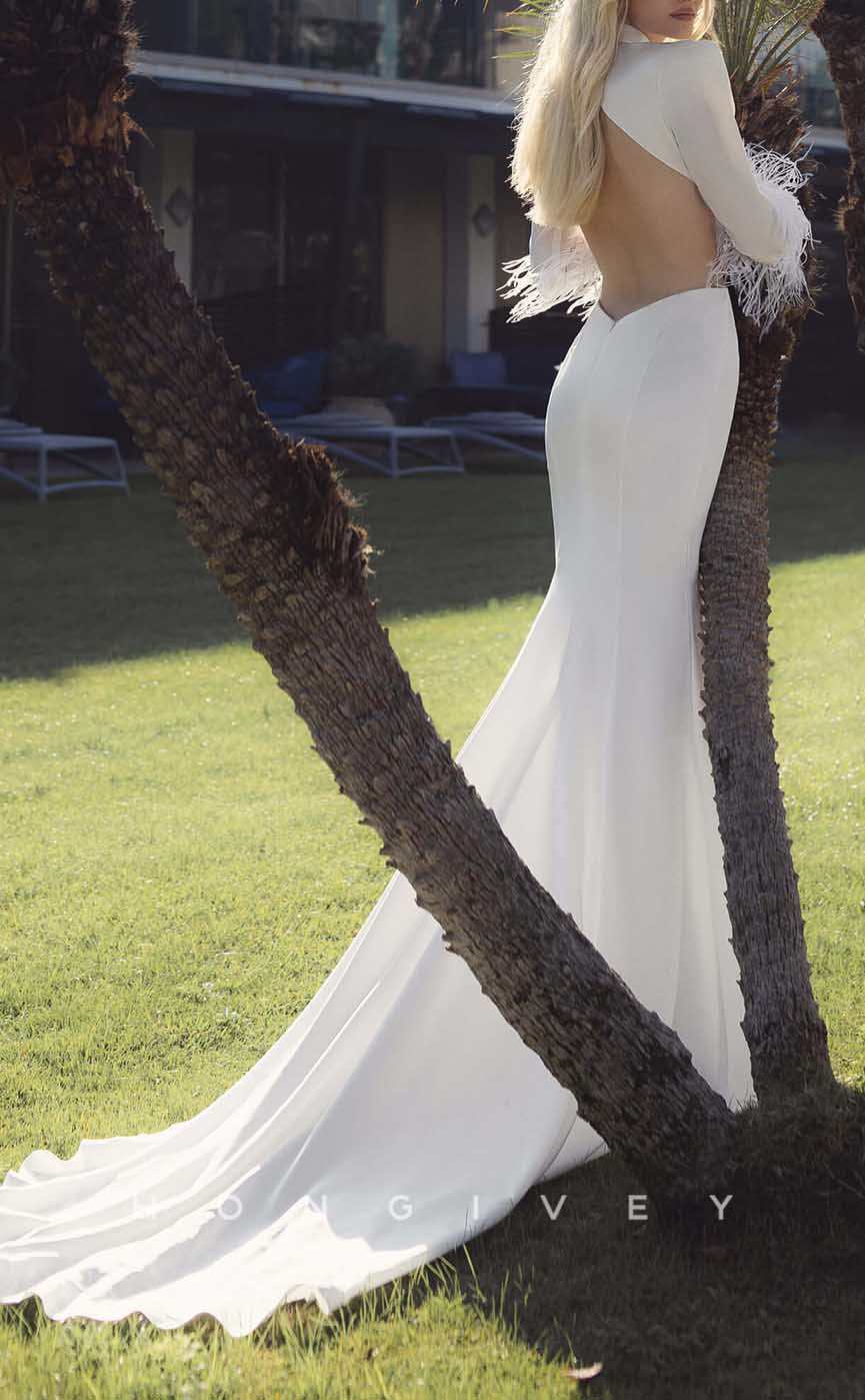 H1337 - Sexy Satin Trumpt High Neck Long Sleeves Empire Backless Feathers With Train Wedding Dress