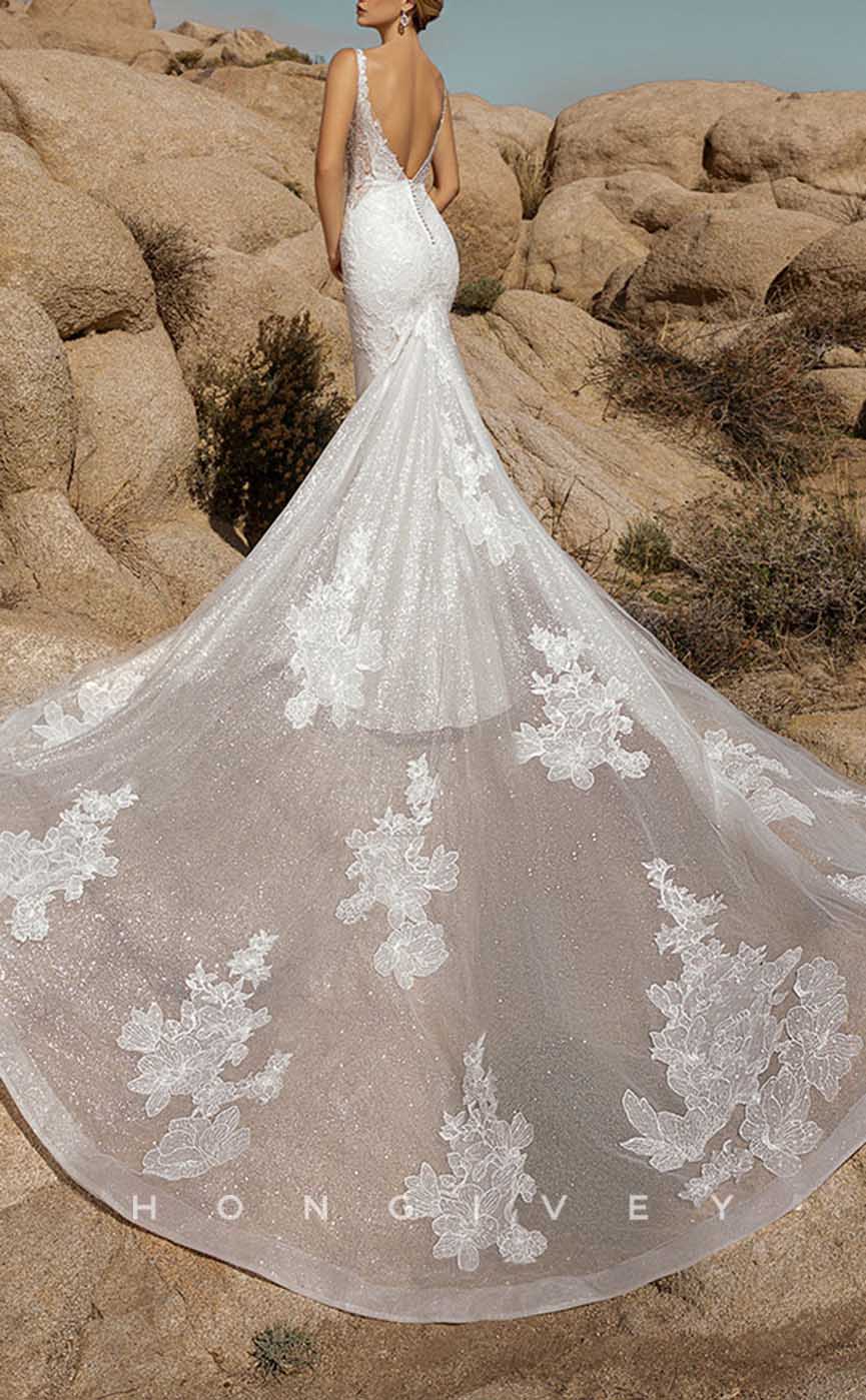 H1338 - Sexy Glitter Trumpt V-Neck Spaghetti Straps Empire Appliques With Tulle Train Wedding Dress