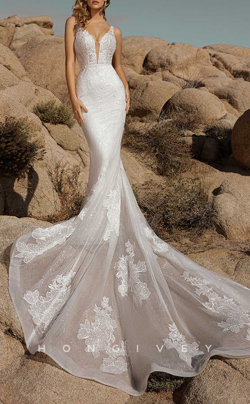 H1338 - Sexy Glitter Trumpt V-Neck Spaghetti Straps Empire Appliques With Tulle Train Wedding Dress