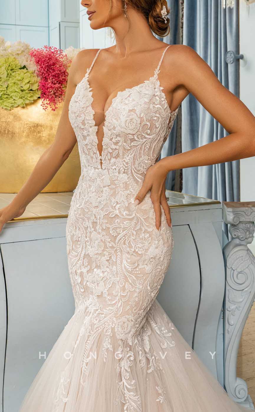 H1339 - Sexy Satin Trumpt V-Neck Spaghetti Straps Empire Appliques With Tulle Train Wedding Dress