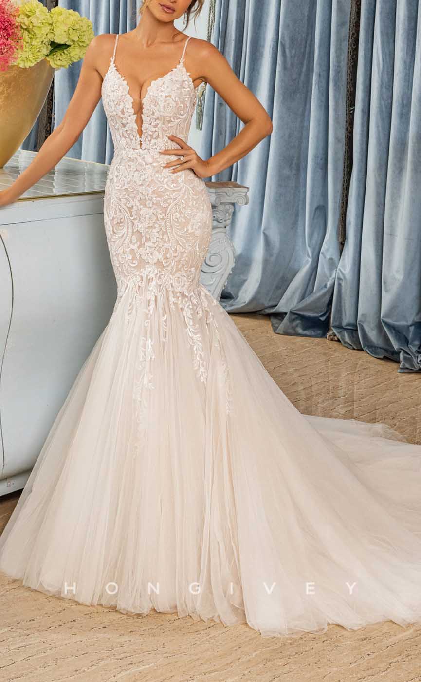 H1339 - Sexy Satin Trumpt V-Neck Spaghetti Straps Empire Appliques With Tulle Train Wedding Dress