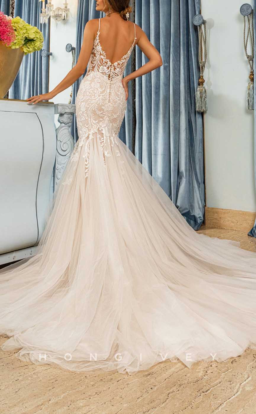 H1339 - Sexy Satin Trumpt V-Neck Spaghetti Straps Empire Appliques With Tulle Train Wedding Dress