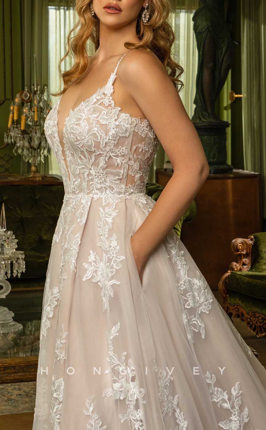 H1341 - Sexy Tulle A-Line V-Neck Spaghetti Straps Empire Appliques With Pockets Train Wedding Dress