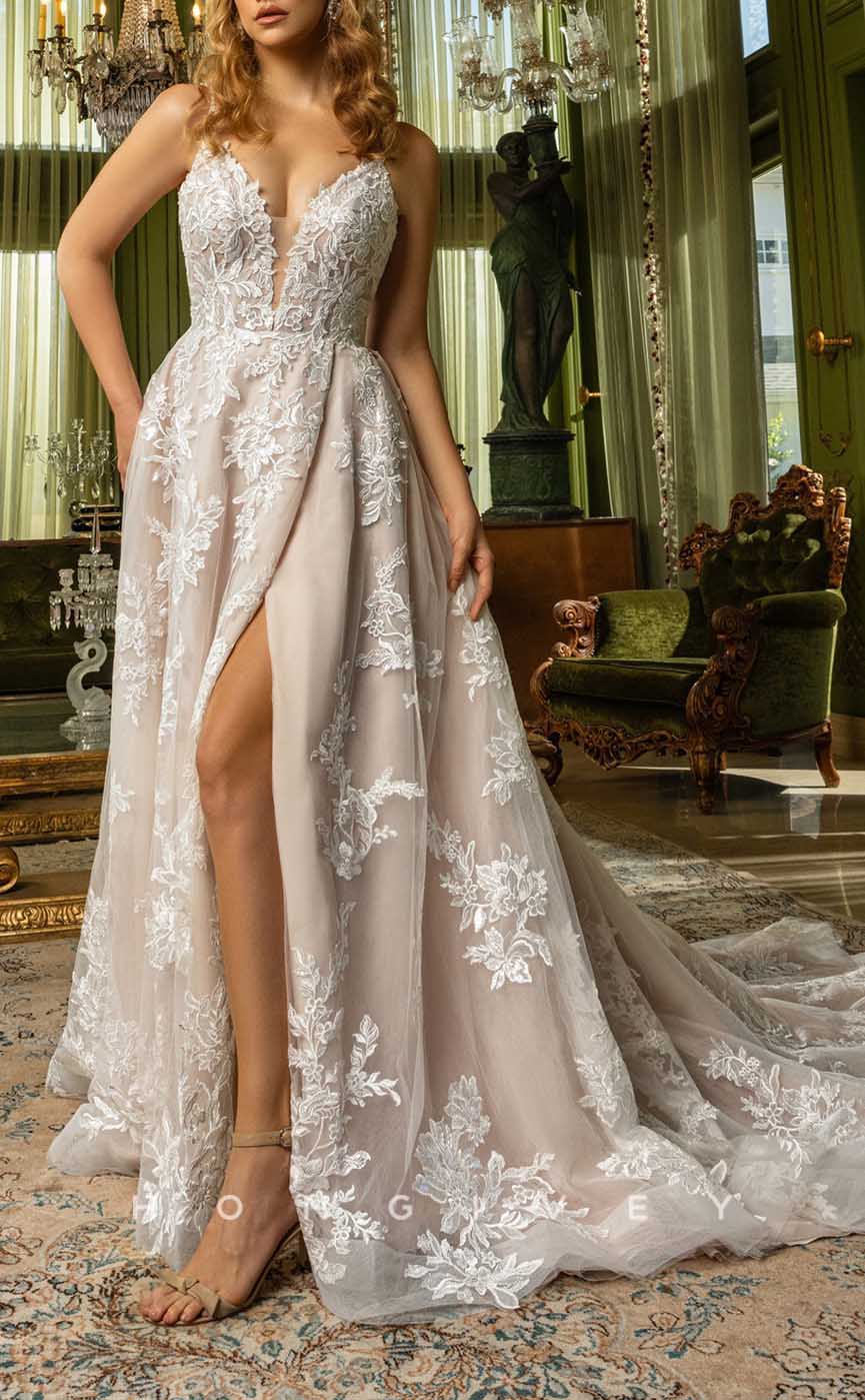 H1341 - Sexy Tulle A-Line V-Neck Spaghetti Straps Empire Appliques With Pockets Train Wedding Dress