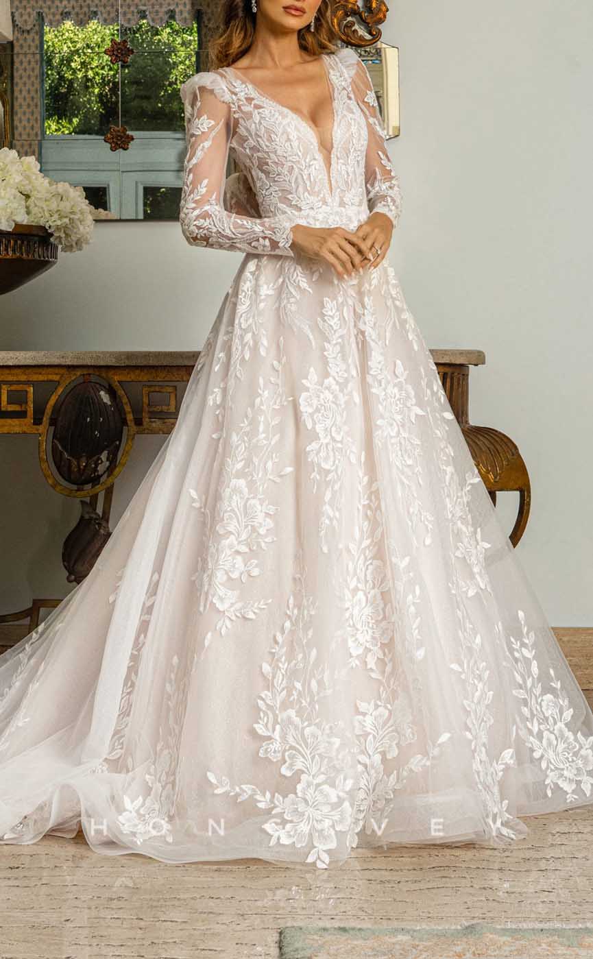 H1342 - Sexy Tulle A-Line V-Neck Long Sleeve Empire Floral Appliques With Train Wedding Dress