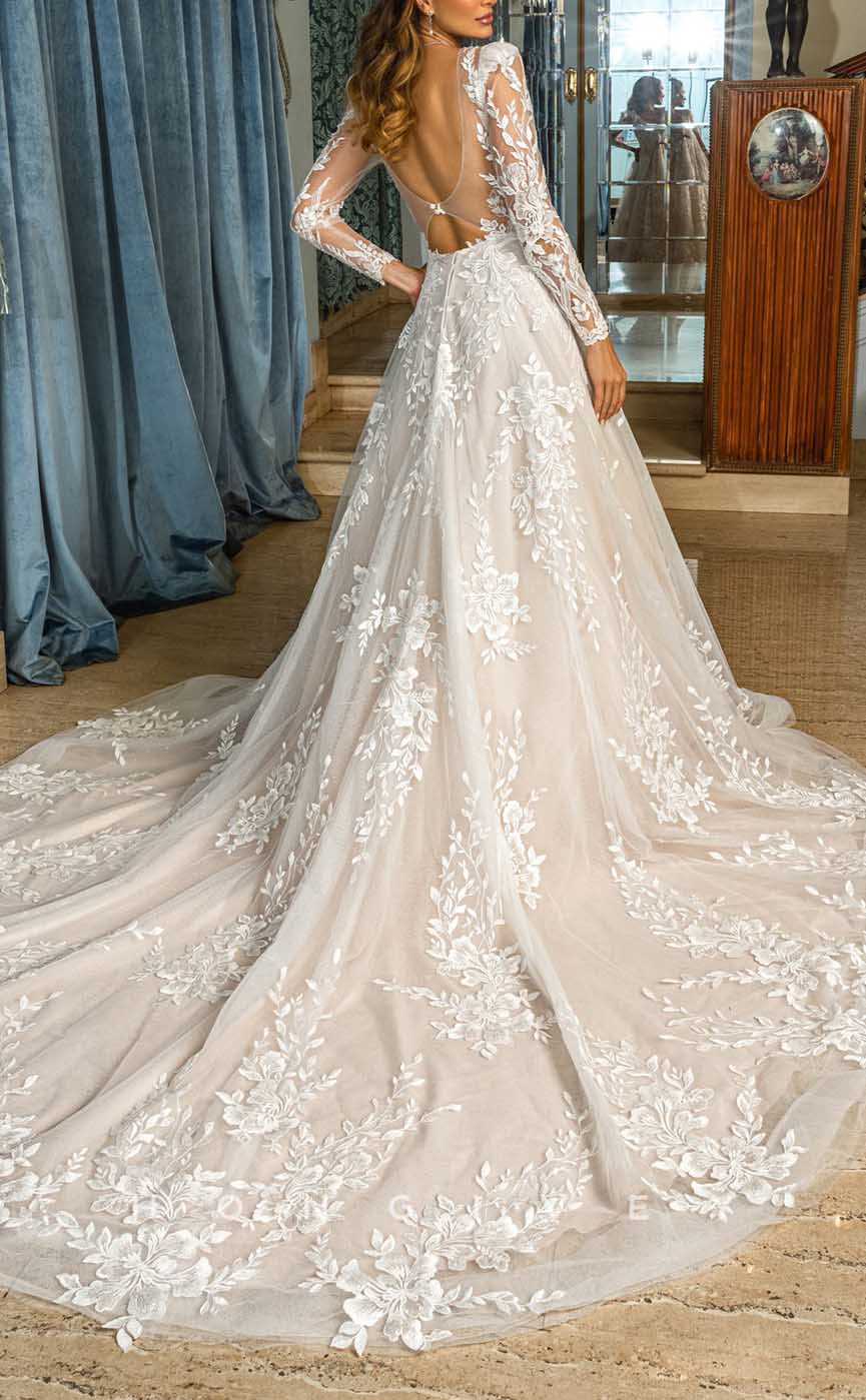 H1342 - Sexy Tulle A-Line V-Neck Long Sleeve Empire Floral Appliques With Train Wedding Dress