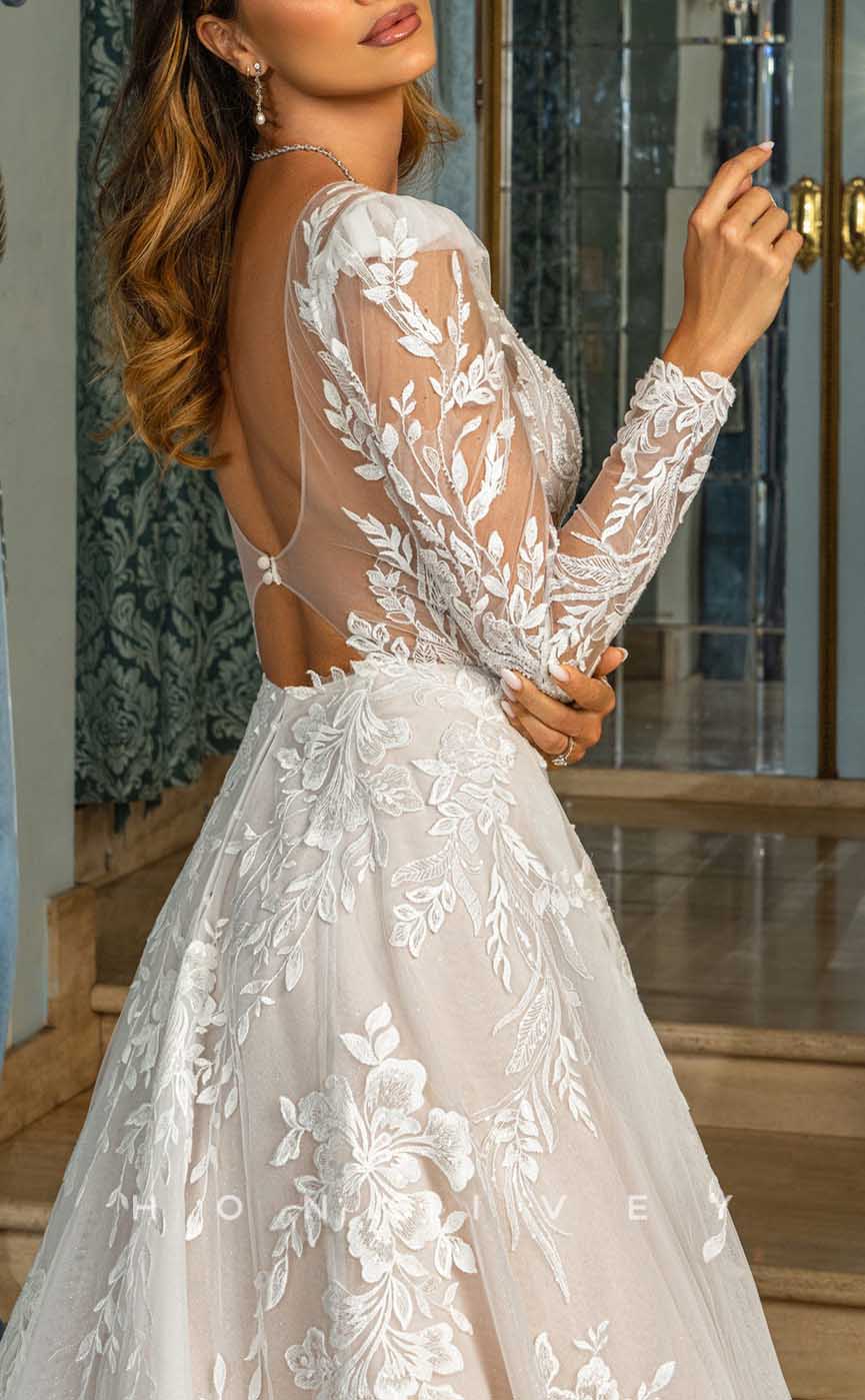 H1342 - Sexy Tulle A-Line V-Neck Long Sleeve Empire Floral Appliques With Train Wedding Dress