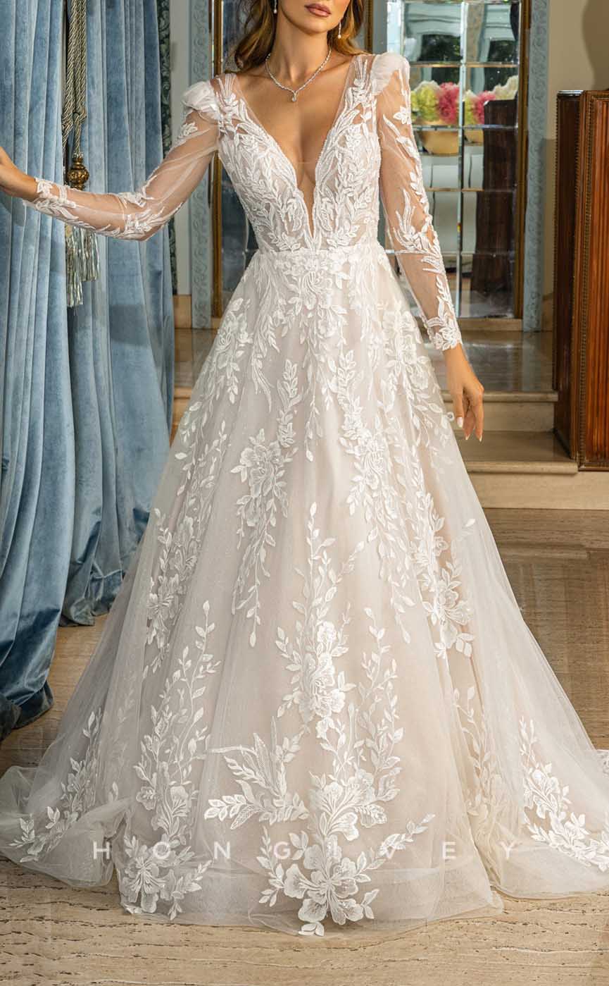 H1342 - Sexy Tulle A-Line V-Neck Long Sleeve Empire Floral Appliques With Train Wedding Dress