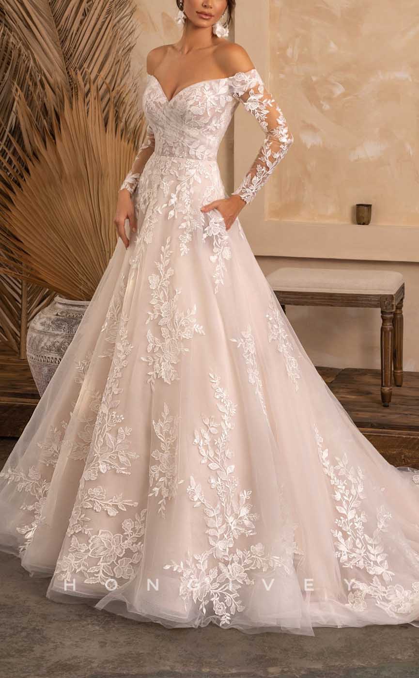 H1343 - Sexy Tulle A-Line Off-Shoulder Long Sleeve Empire Appliques With Pockets Train Wedding Dress