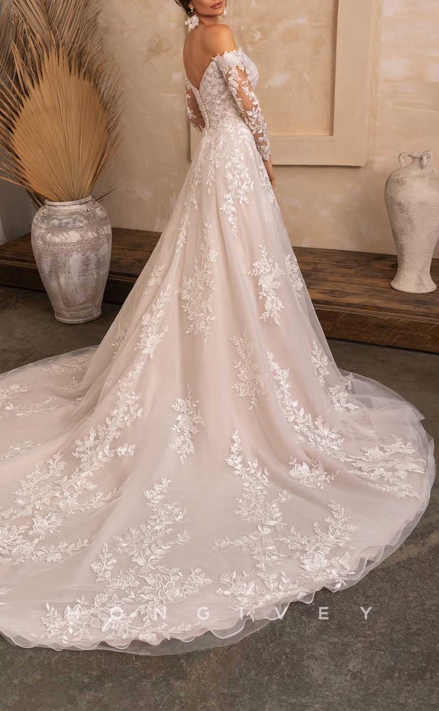 H1343 - Sexy Tulle A-Line Off-Shoulder Long Sleeve Empire Appliques With Pockets Train Wedding Dress