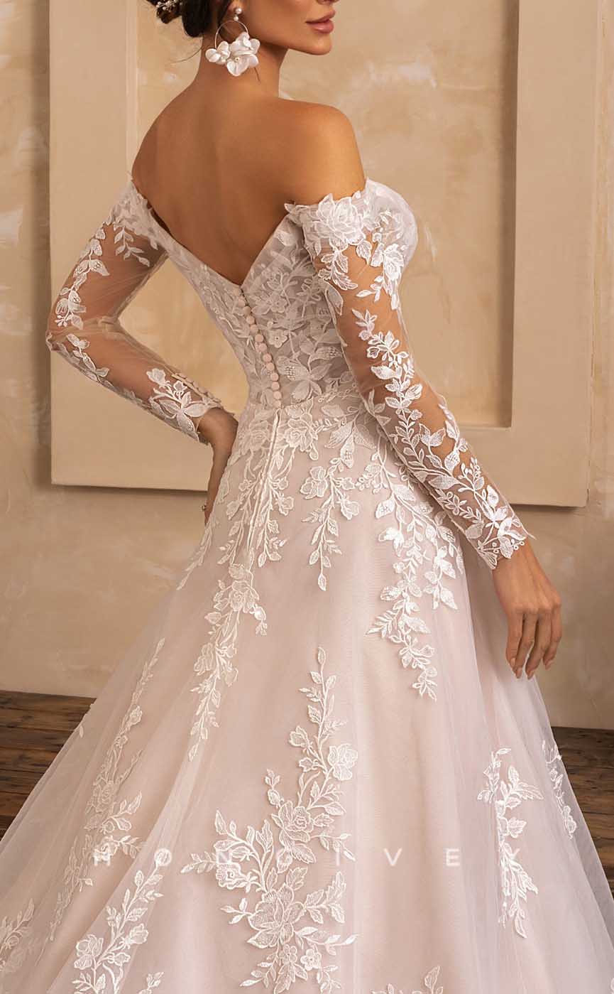 H1343 - Sexy Tulle A-Line Off-Shoulder Long Sleeve Empire Appliques With Pockets Train Wedding Dress