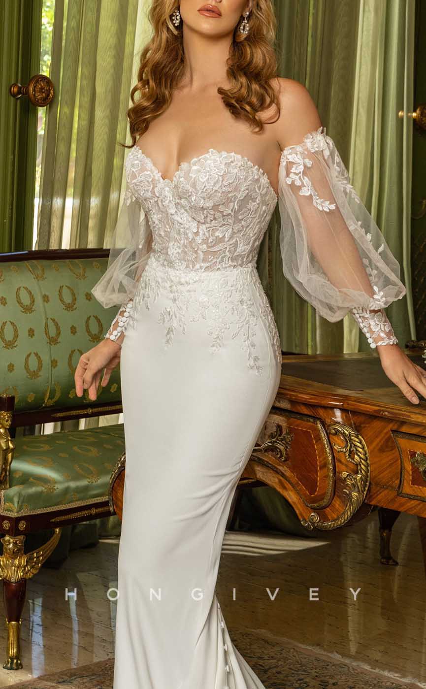 H1344 - Sexy Satin Trumpt Sweetheart Puff Sleeves Empire Appliques With Lace Train Wedding Dress