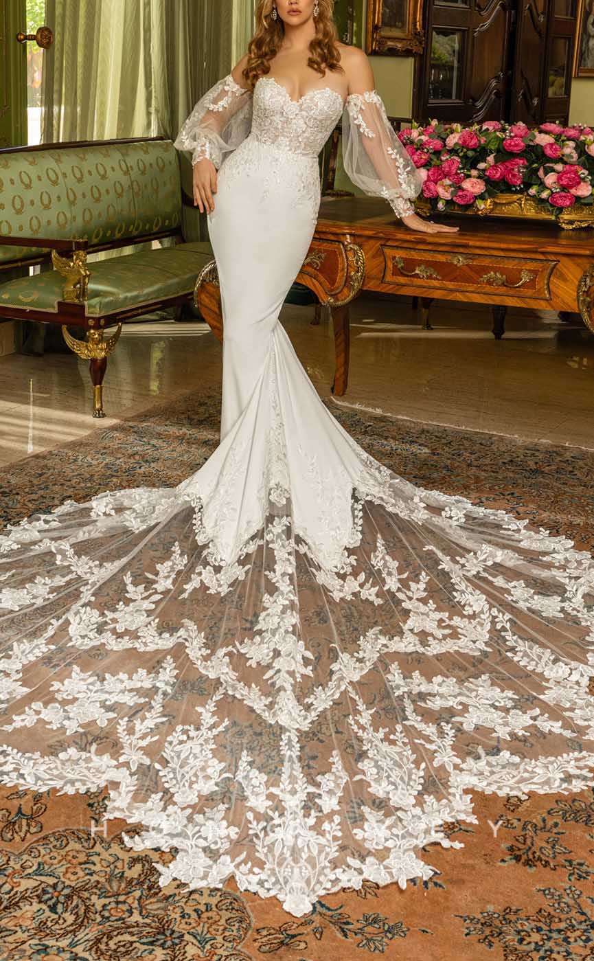 H1344 - Sexy Satin Trumpt Sweetheart Puff Sleeves Empire Appliques With Lace Train Wedding Dress