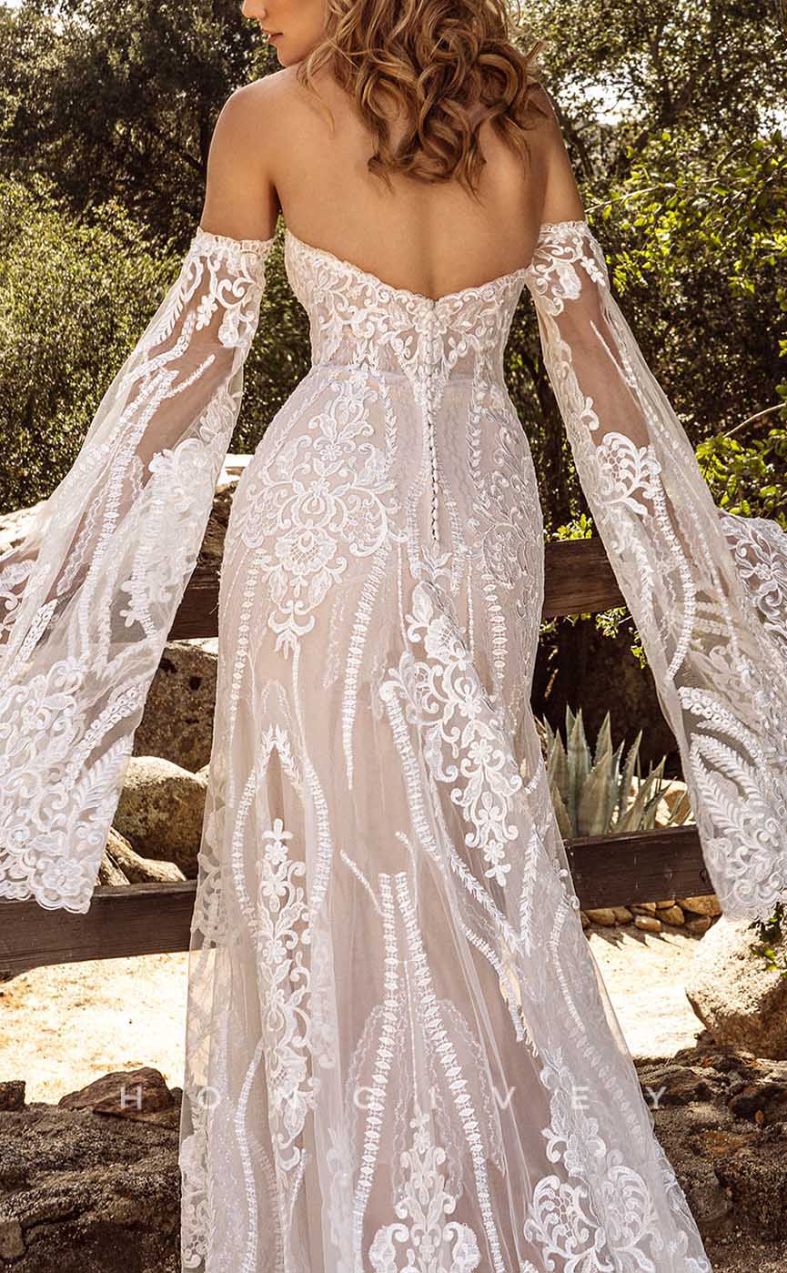 H1345 - Sexy Satin A-Line Sweetheart With Long Bell Sleeves Empire Appliques Train Boho Wedding Dress