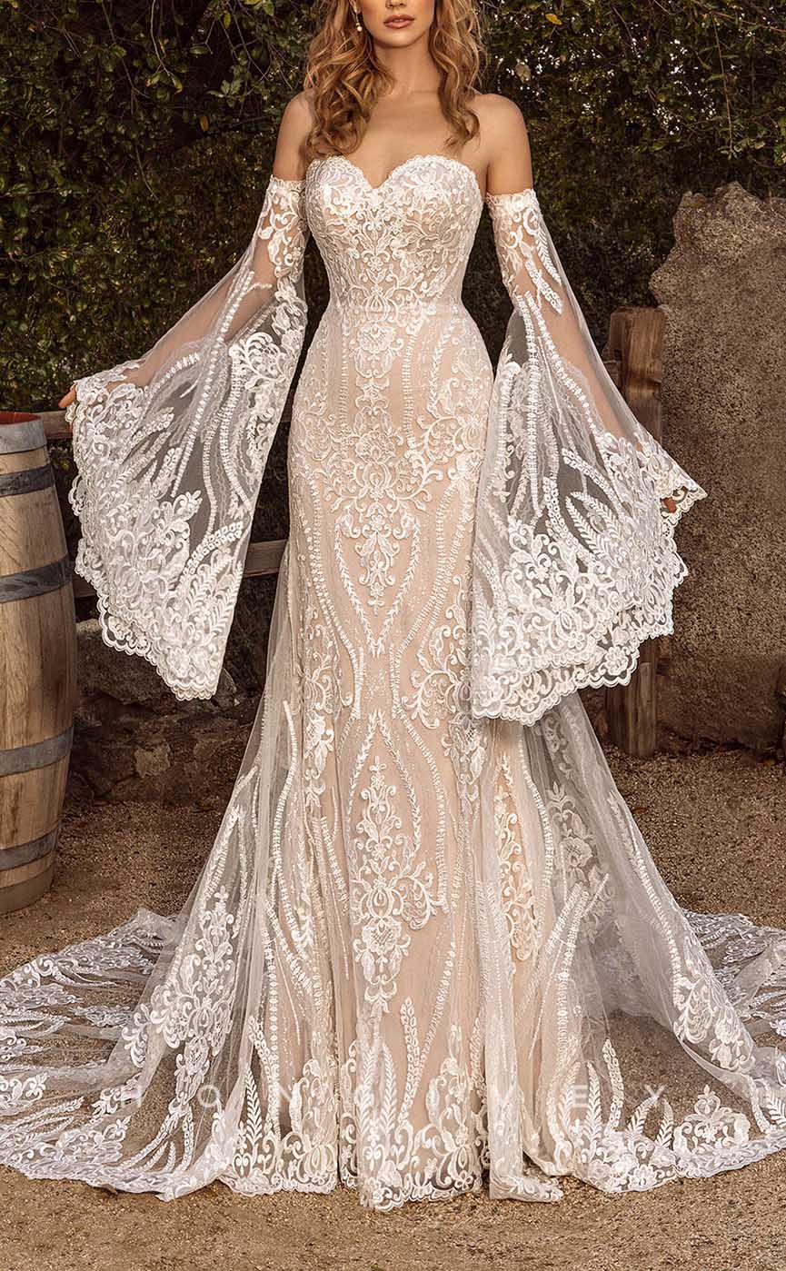 H1345 - Sexy Satin A-Line Sweetheart With Long Bell Sleeves Empire Appliques Train Boho Wedding Dress