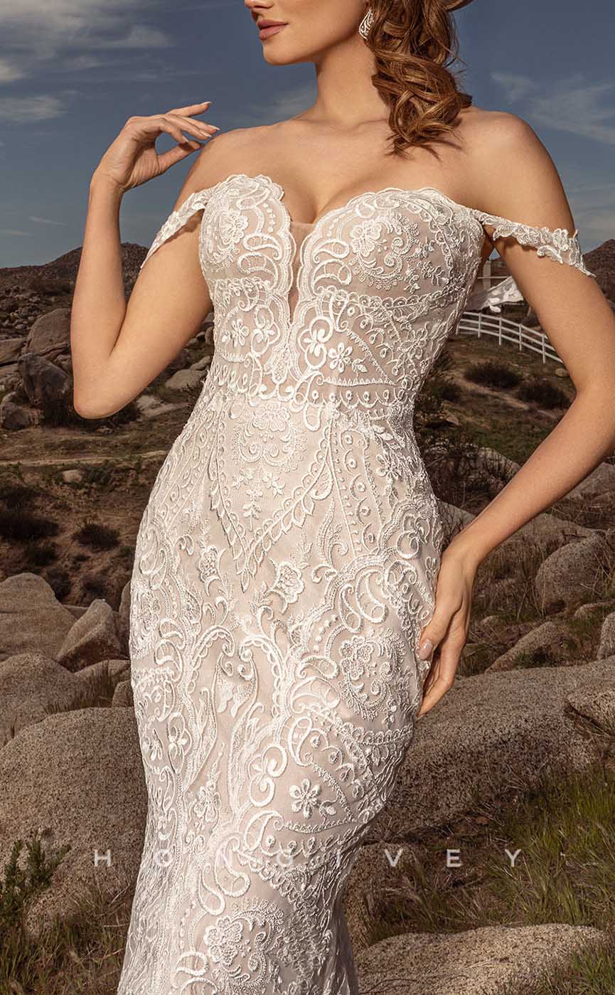 H1347 - Sexy Satin Trumpt Off-Shoulder Empire Fully Appliques With Side Slit Train Wedding Dress