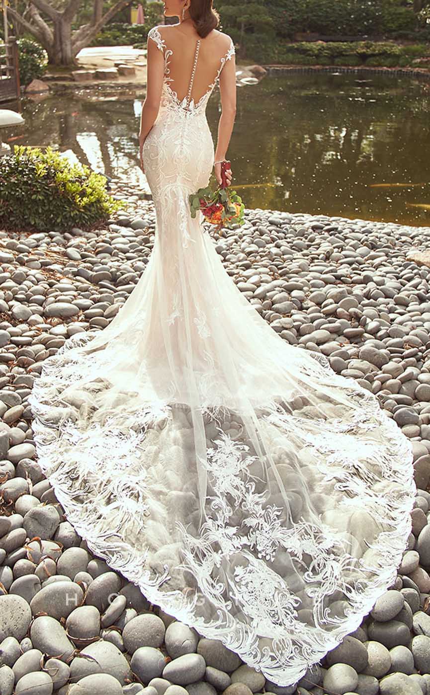 H1348 - Sexy Satin Trumpt Scoop Cap Sleeves  Empire Appliques With Tulle Train Wedding Dress