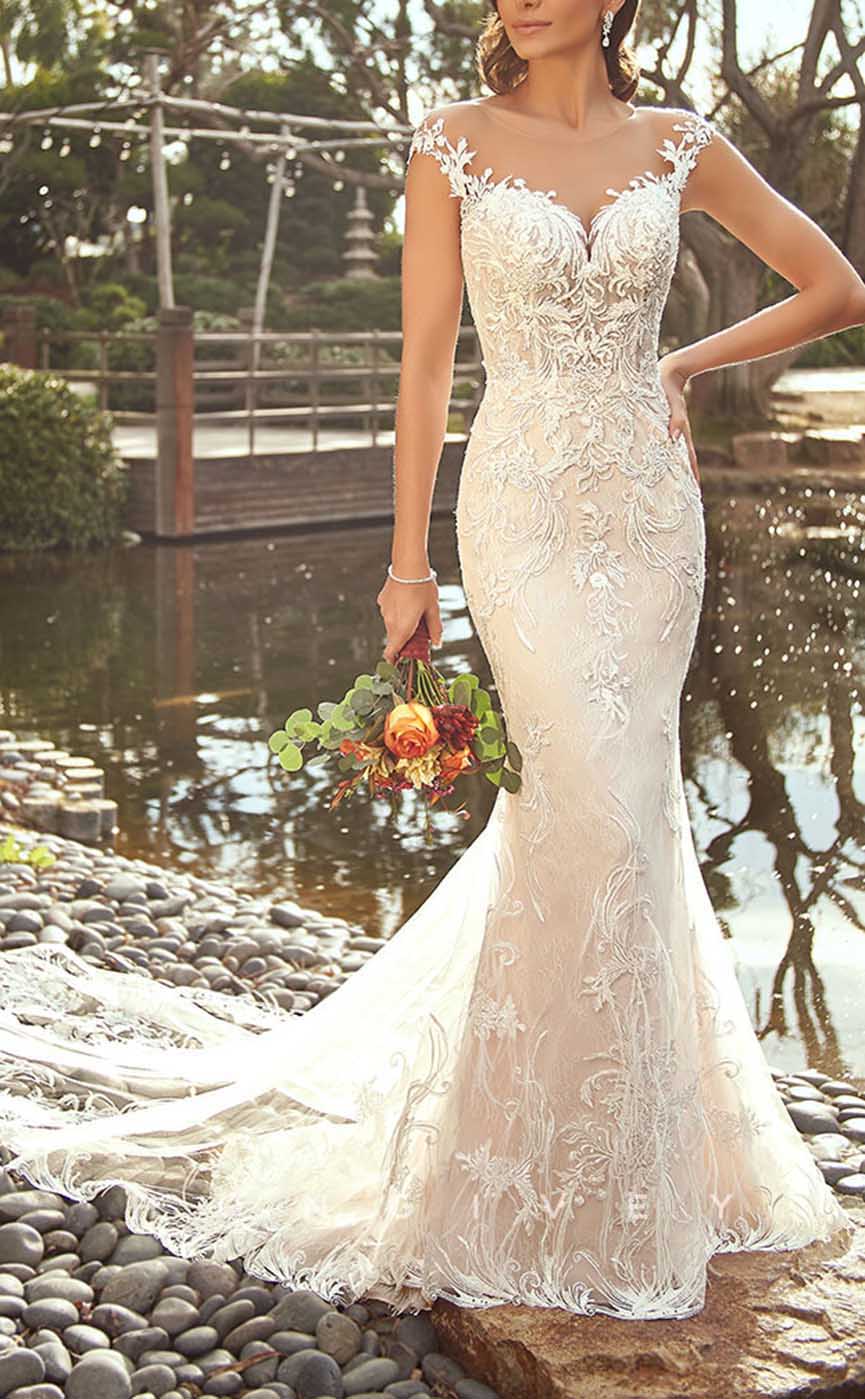 H1348 - Sexy Satin Trumpt Scoop Cap Sleeves  Empire Appliques With Tulle Train Wedding Dress