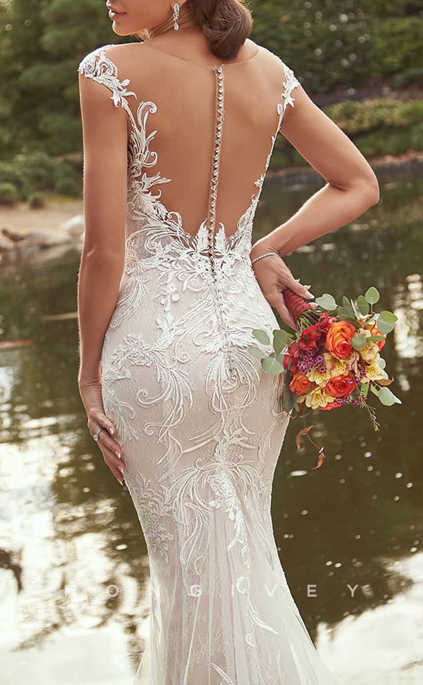 H1348 - Sexy Satin Trumpt Scoop Cap Sleeves  Empire Appliques With Tulle Train Wedding Dress