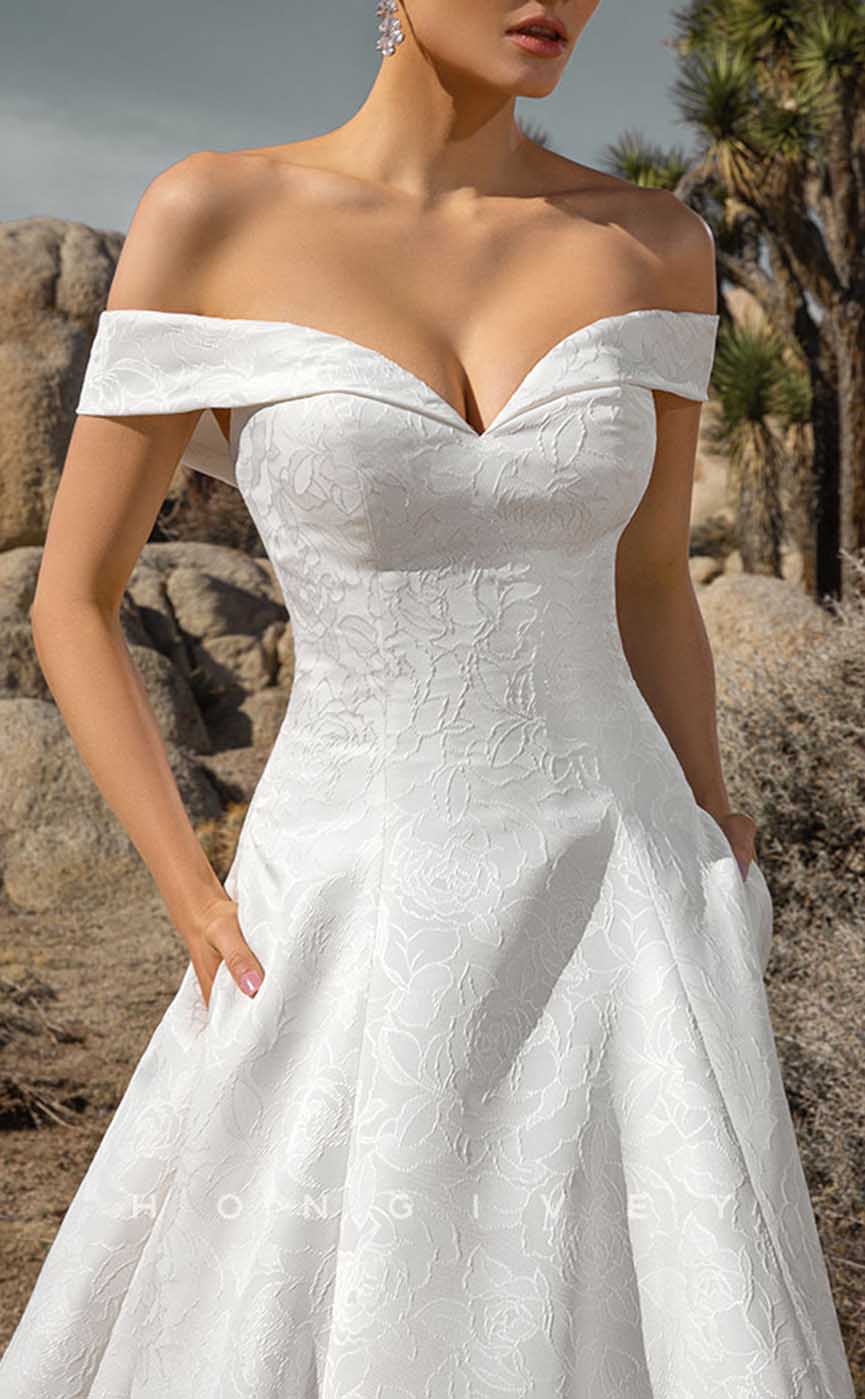 H1349 - Sexy Satin A-Line Off-Shoulder Empire Appliques With Pockets Train Wedding Dress