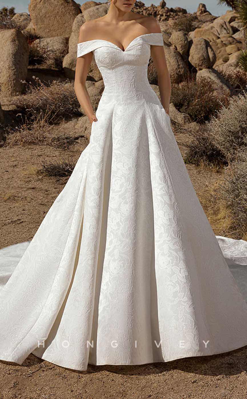 H1349 - Sexy Satin A-Line Off-Shoulder Empire Appliques With Pockets Train Wedding Dress