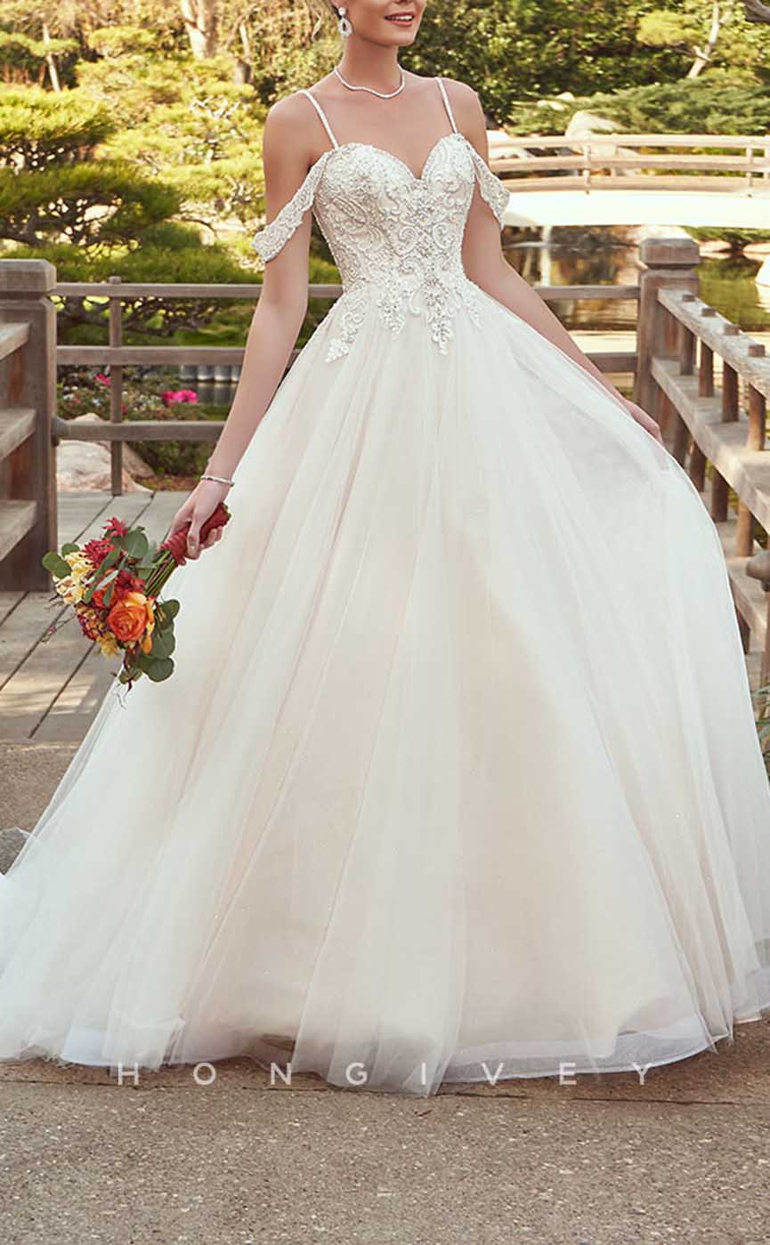 H1350 - Sexy Tulle A-Line Off-Shoulder Spaghetti Straps Empire Beaded Appliques With Train Wedding Dress