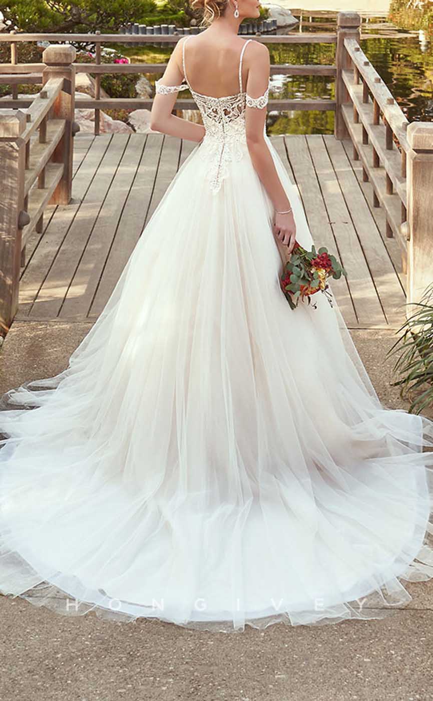 H1350 - Sexy Tulle A-Line Off-Shoulder Spaghetti Straps Empire Beaded Appliques With Train Wedding Dress