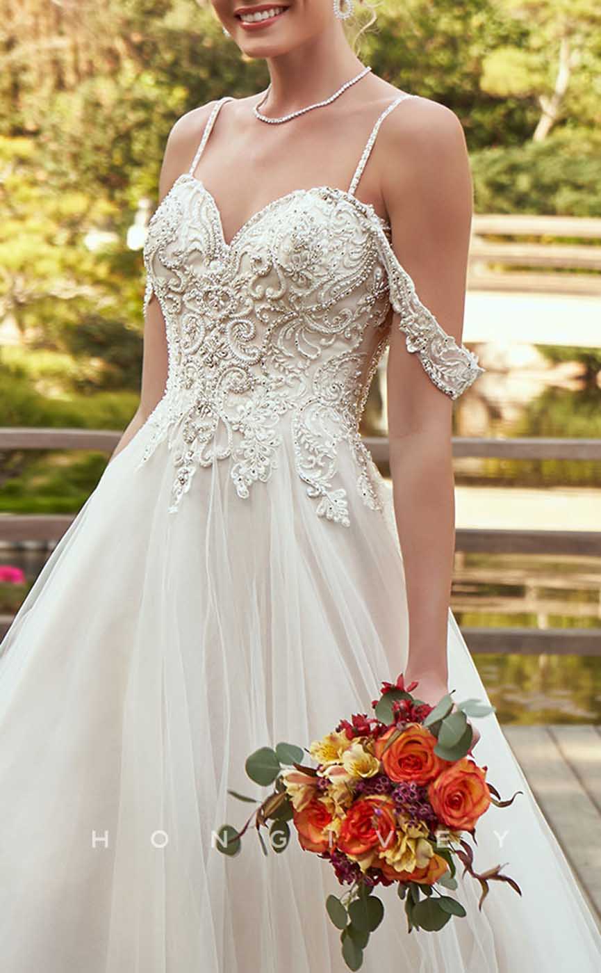 H1350 - Sexy Tulle A-Line Off-Shoulder Spaghetti Straps Empire Beaded Appliques With Train Wedding Dress