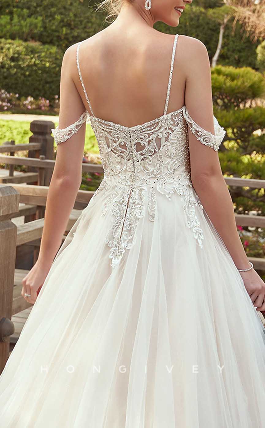 H1350 - Sexy Tulle A-Line Off-Shoulder Spaghetti Straps Empire Beaded Appliques With Train Wedding Dress