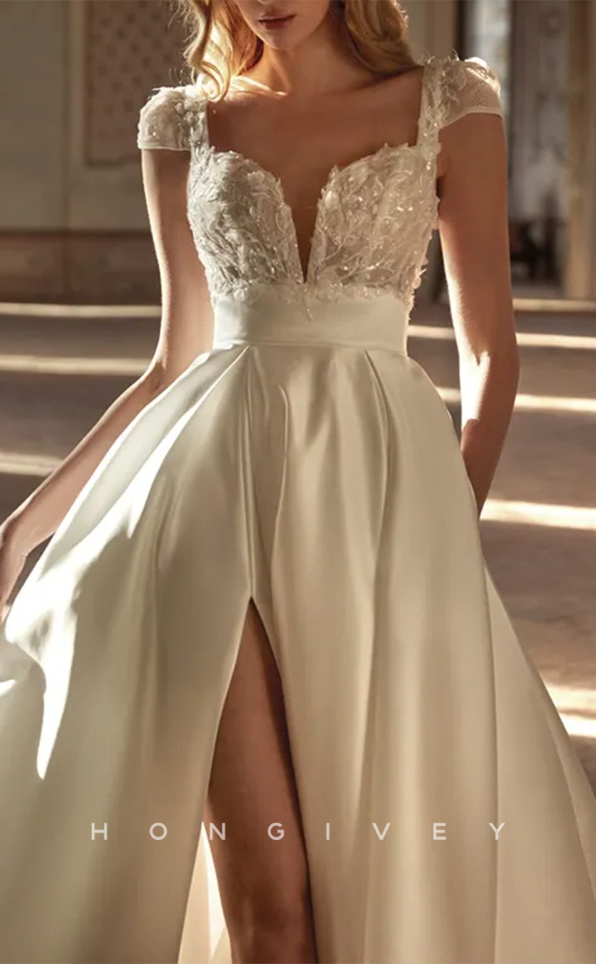 H1351 - Sexy Satin A-Line Sweetheart Straps Empire Beaded Appliques With Side Slit Train Wedding Dress