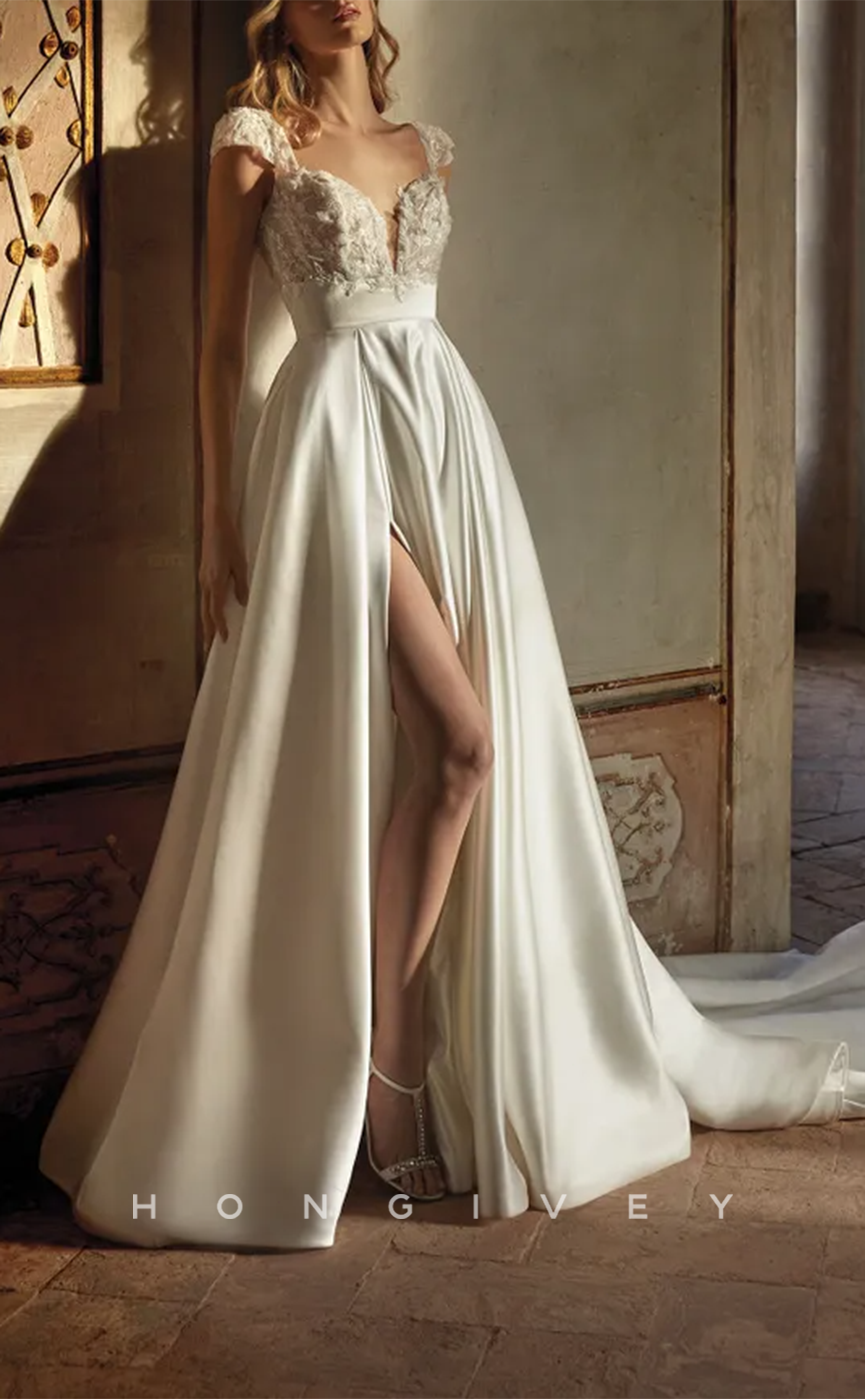 H1351 - Sexy Satin A-Line Sweetheart Straps Empire Beaded Appliques With Side Slit Train Wedding Dress