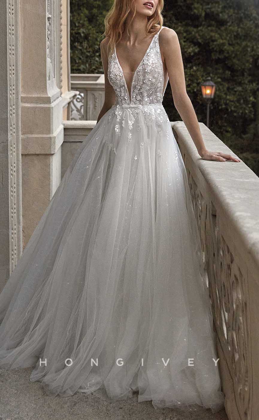 H1354 - Sexy Glitter Tulle A-Line V-Neck Spaghetti Straps Empire Beaded Appliques With Train Wedding Dress