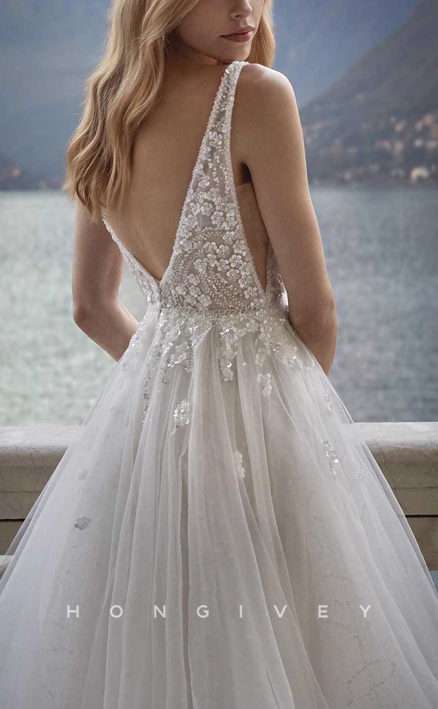 H1354 - Sexy Glitter Tulle A-Line V-Neck Spaghetti Straps Empire Beaded Appliques With Train Wedding Dress