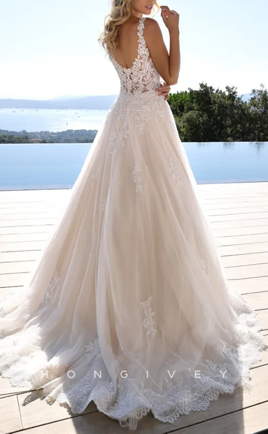 H1355 - Sexy Tulle A-Line V-Neck Spaghetti Straps Empire Illusion Appliques With Train Wedding Dress