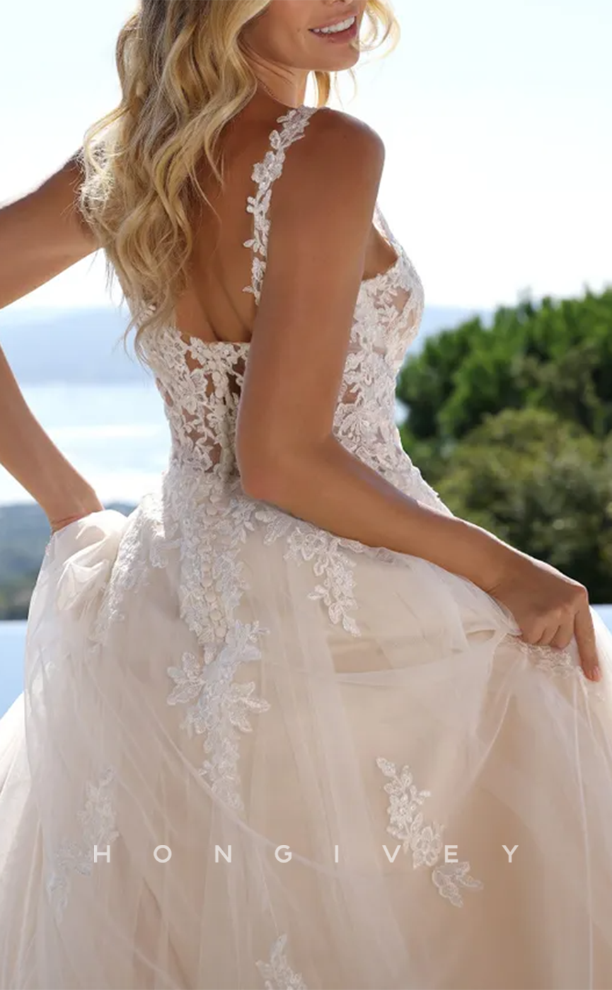 H1355 - Sexy Tulle A-Line V-Neck Spaghetti Straps Empire Illusion Appliques With Train Wedding Dress