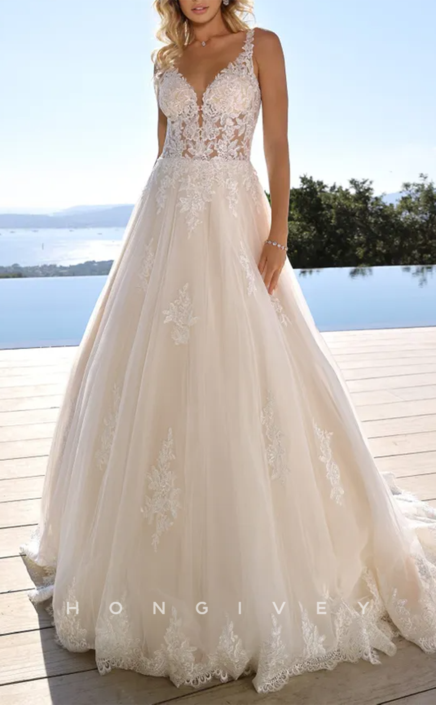 H1355 - Sexy Tulle A-Line V-Neck Spaghetti Straps Empire Illusion Appliques With Train Wedding Dress