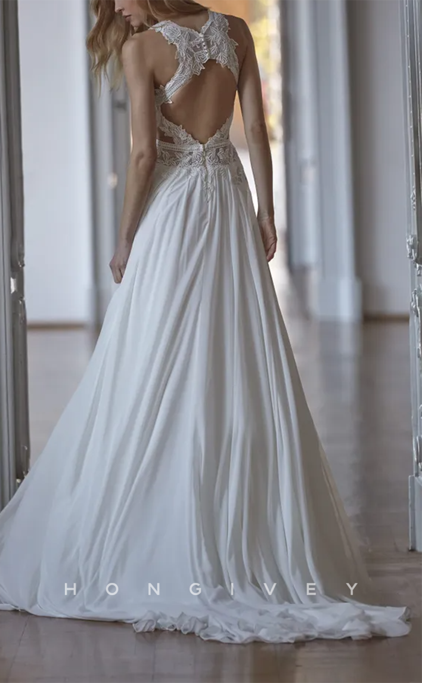 H1356 - Sexy Satin A-Line V-Neck Straps Illusion Empire Appliques With Side Slit Train Wedding Dress