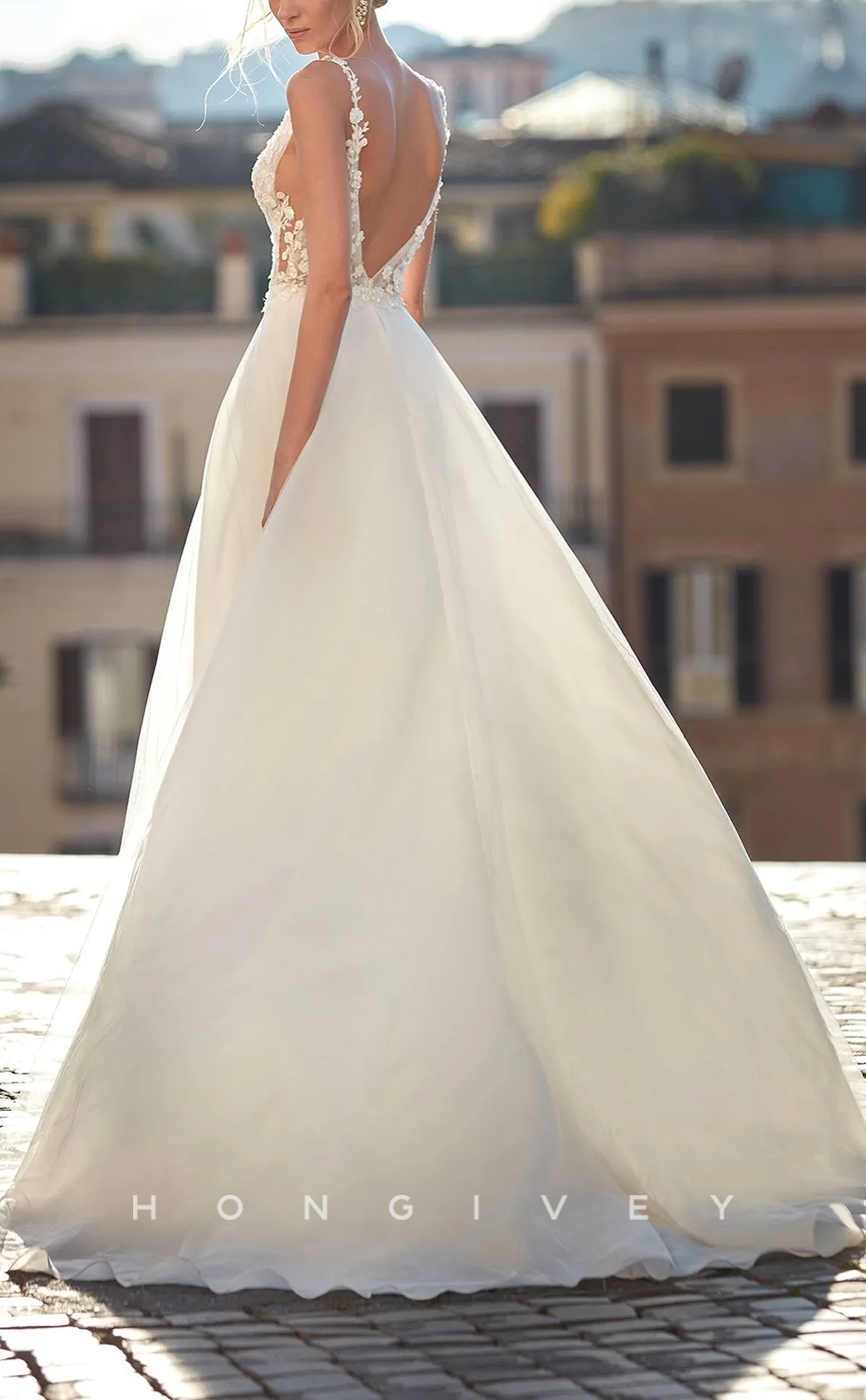 H1357 - Sexy Tulle A-Line V-Neck Spaghetti Straps Illusion Empire Appliques With Side Slit Wedding Dress