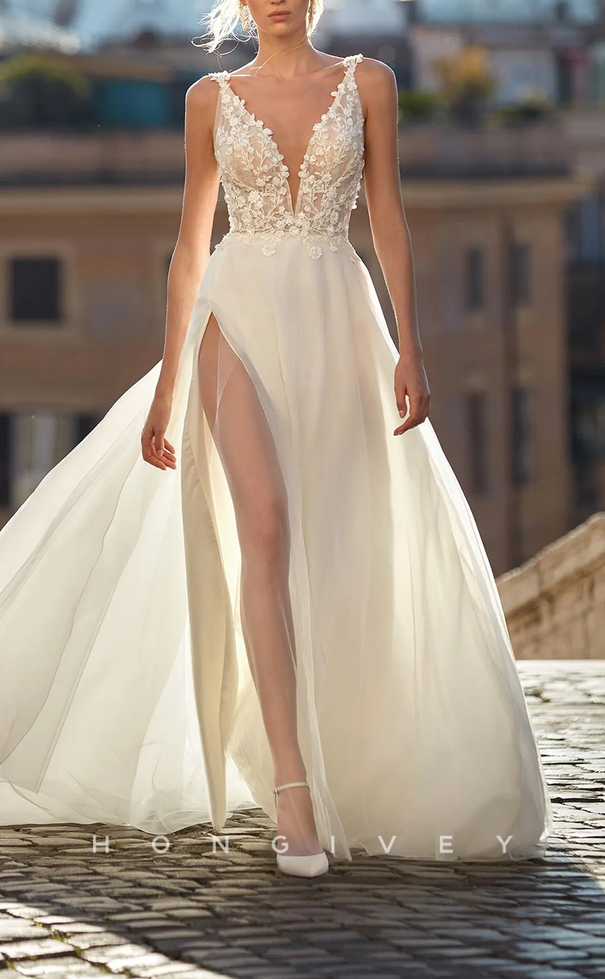 H1357 - Sexy Tulle A-Line V-Neck Spaghetti Straps Illusion Empire Appliques With Side Slit Wedding Dress