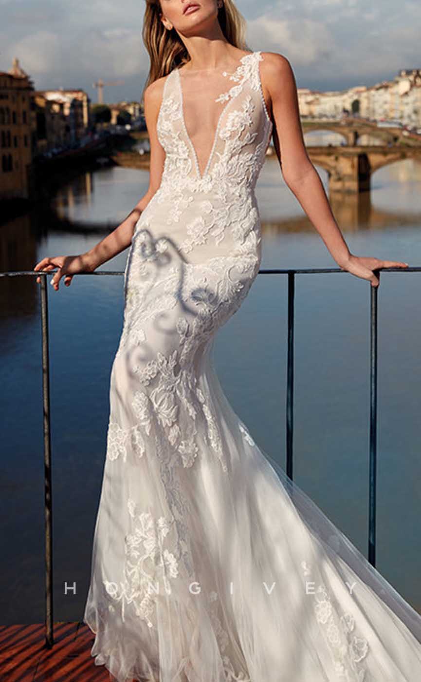 H1358 - Sexy Satin Trumpt Scoop Sleeveless Empire Appliques With Tulle Train Wedding Dress