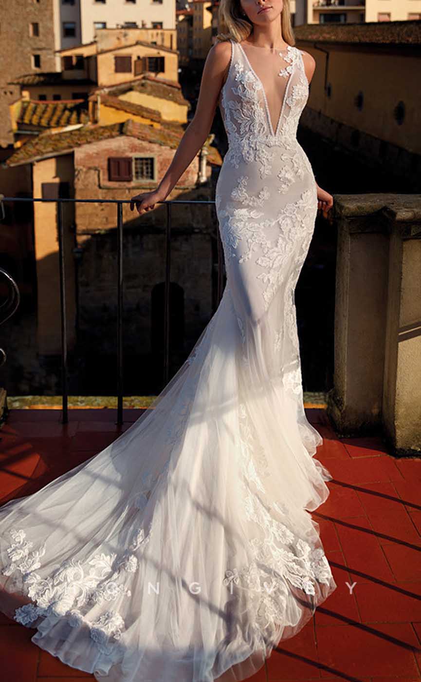 H1358 - Sexy Satin Trumpt Scoop Sleeveless Empire Appliques With Tulle Train Wedding Dress