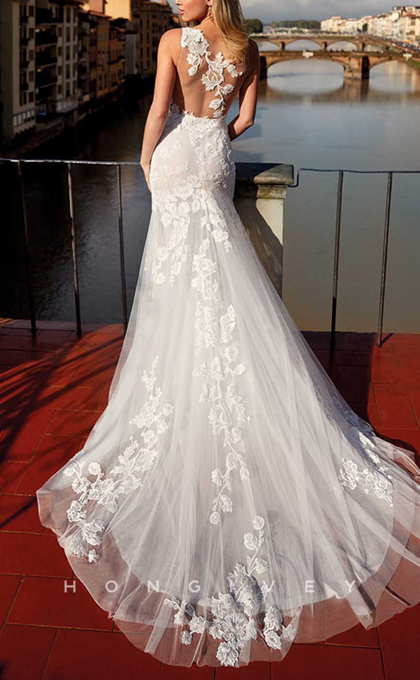 H1358 - Sexy Satin Trumpt Scoop Sleeveless Empire Appliques With Tulle Train Wedding Dress