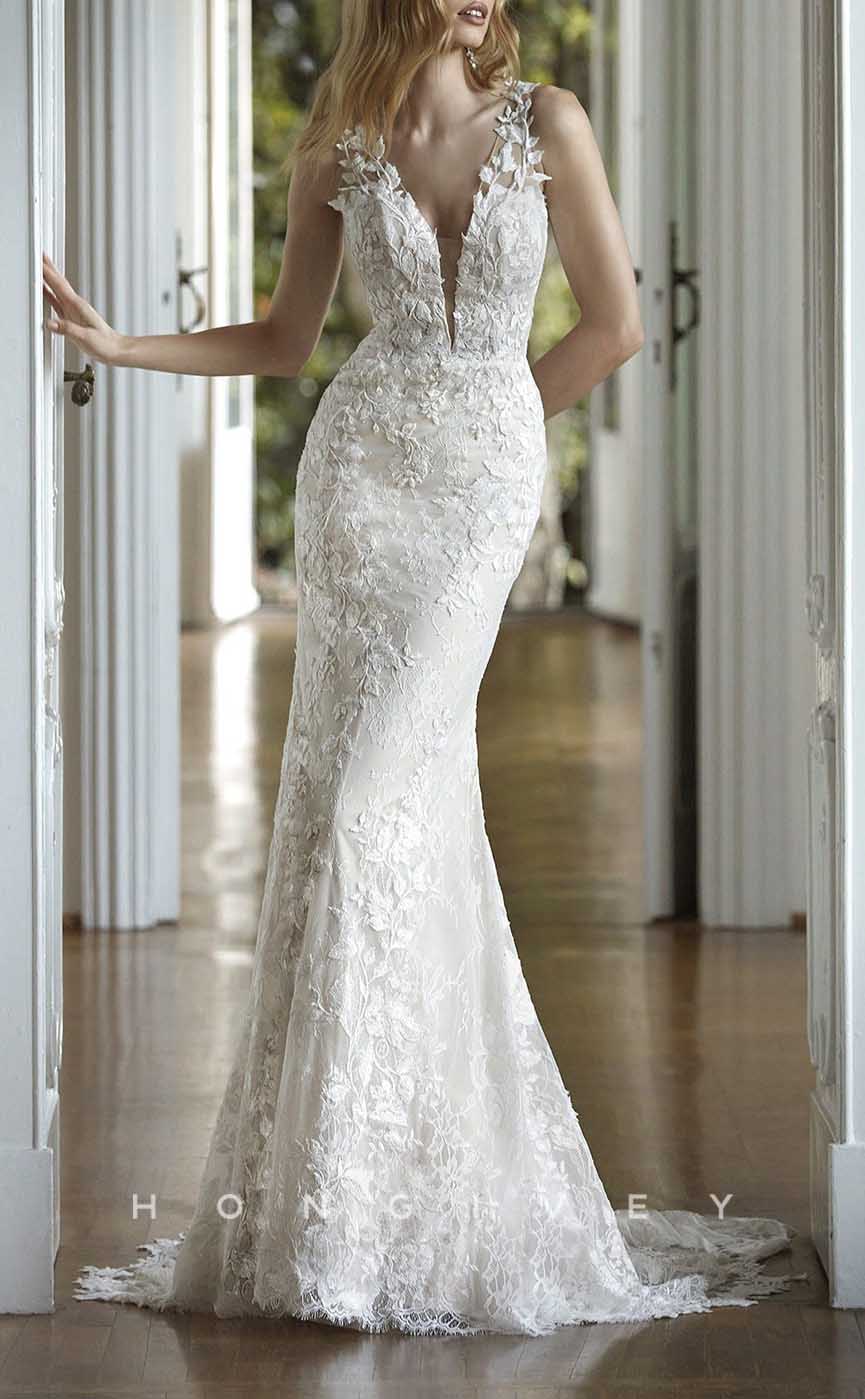 H1359 - Sexy Satin Trumpt V-Neck Straps Empire Fully Appliques With Lace Train Wedding Dress