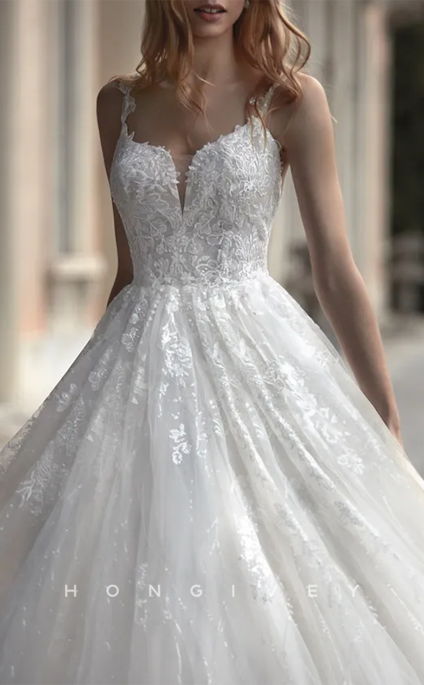 H1360 - Sexy Tulle A-Line Sweetheart Spaghetti Straps Empire Beaded Appliques With Train Wedding Dress