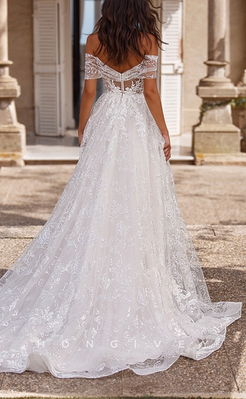 H1361 - Sexy A-Line Off-Shoulder Empire Illusion Fully Appliques With Side Slit Train Wedding Dress