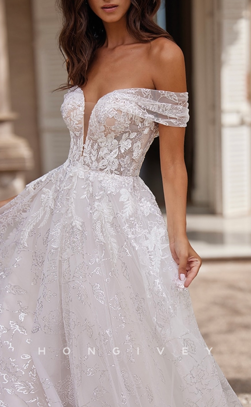 H1361 - Sexy A-Line Off-Shoulder Empire Illusion Fully Appliques With Side Slit Train Wedding Dress